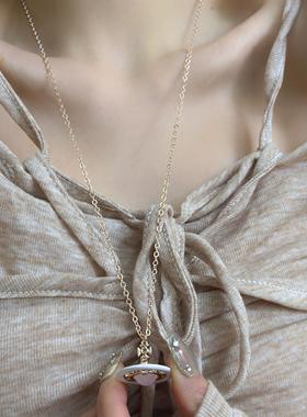 滴油立体白色烤漆土星飞碟奶粉色珠项链小众高级设计感甜美锁骨链