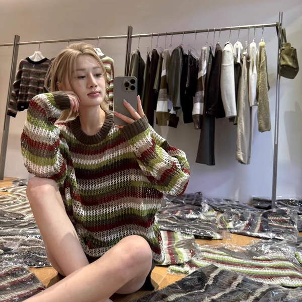 薄款纹针织衫女2025秋百搭宽松圆领长袖上衣女韩版慵懒风套头罩衫