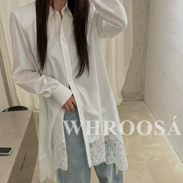 W小众设计时尚宽松廓形下摆蕾丝拼接白色衬衫裙设计感长袖衬衣女