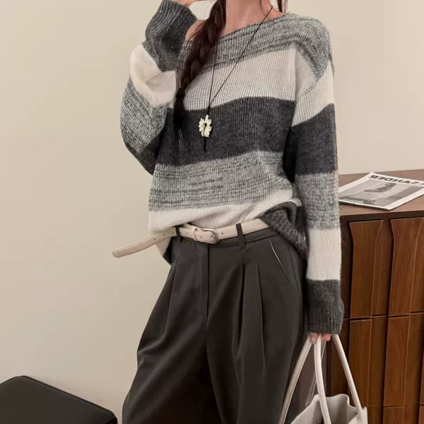 撞色条纹针织衫女2025秋季新款慵懒感显瘦毛衣百搭套头长袖上衣女