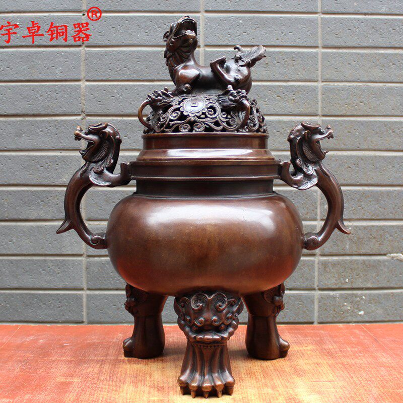 宇卓铜器纯铜香炉黄铜香炉铜双龙戏珠熏香炉工艺品摆件貔貅香炉