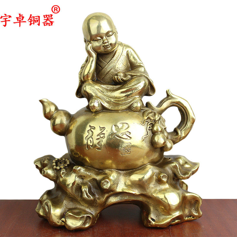宇卓铜器 纯铜小和尚黄铜静思小和尚茶艺茶道功夫茶工艺品摆件