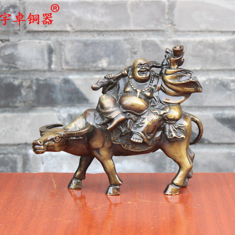 宇卓铜器纯铜牛驮弥勒佛黄铜牛家居装饰工艺品摆件