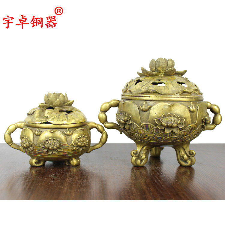宇卓铜器纯铜香炉黄铜香炉双耳莲花熏香炉工艺品摆件