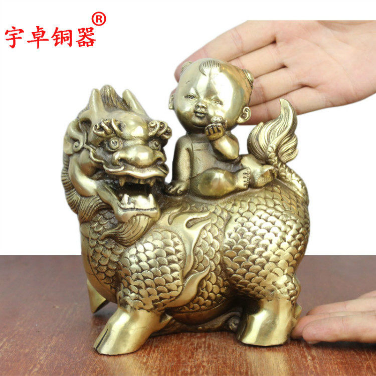 宇卓铜器 纯铜麒麟 黄铜麒麟 童子骑麒麟 家居工艺品摆件铜麒麟