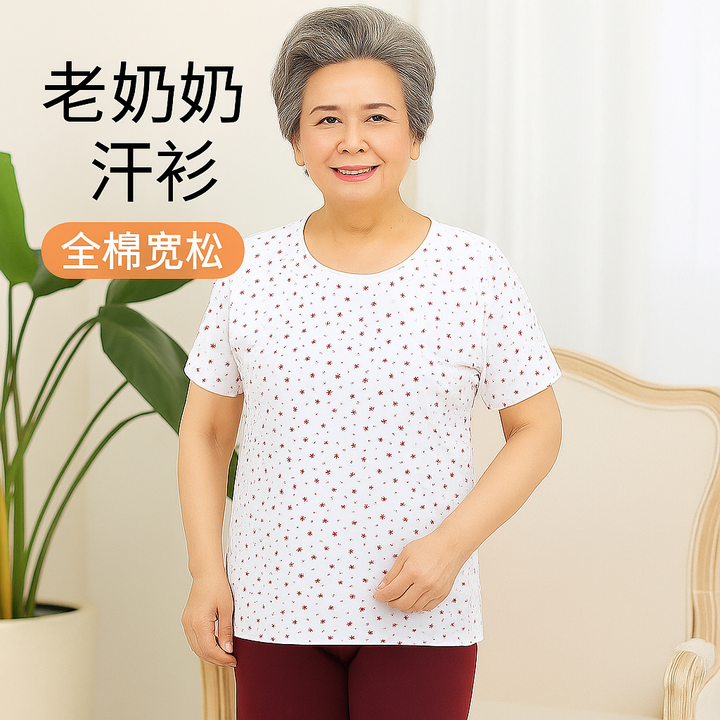 老年女士纯棉短袖背心老人奶奶印花半袖T恤老太太宽松套头汗衫