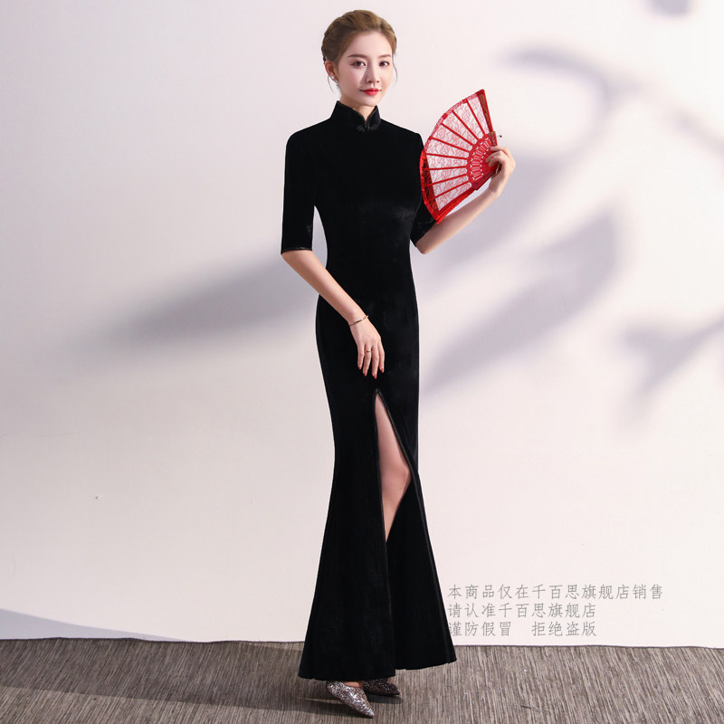 丝绒中国风鱼尾显瘦旗袍裙