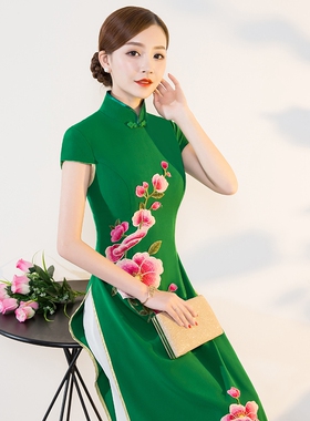 绿色旗袍新款春秋季改良奥黛旗袍中国风走秀舞台演出服女修身复古