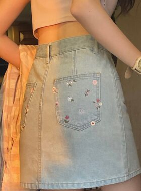 跨境新款浅色碎花高腰包臀a字牛仔短裙女夏季日系显瘦半身裙裙子