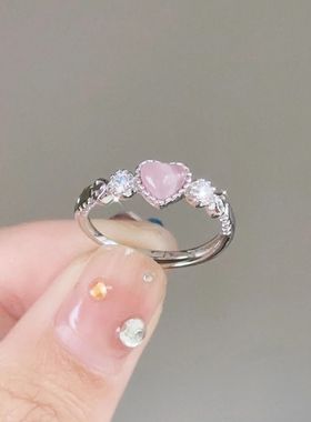 爱心仿猫眼石戒指女款甜美可爱ins小众设计感轻奢可调节指环