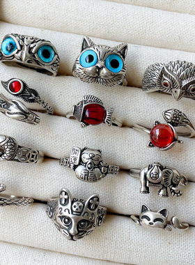 岚芷 泰银饰品不掉色个性小众猫咪动物轻奢开口食指戒925纯银戒指