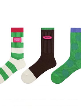 韩版绿色贴标中筒袜双针撞色条纹菱格复古袜潮流男女小众纯棉袜子