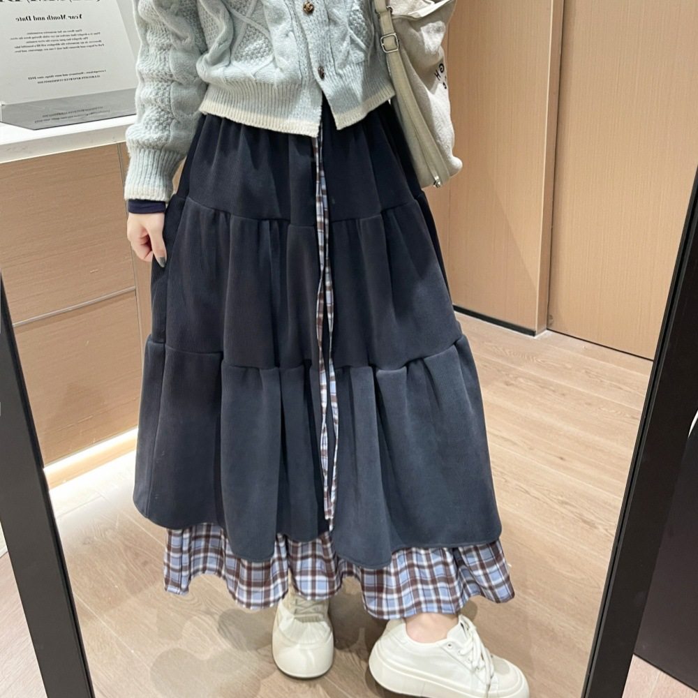 大码胖mm咖棕色灯芯绒半身裙女秋冬日系微胖格纹长裙重工蛋糕裙子