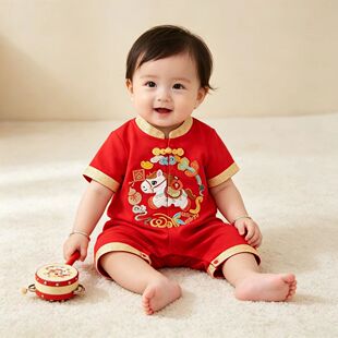 26马宝宝夏装纯棉短袖连体衣婴儿百天周岁宴礼服中国风男女童爬服