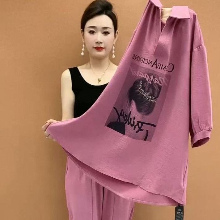 polo领减龄宽松显瘦七分袖上衣阔腿裤女夏季套装时尚设计感两件套