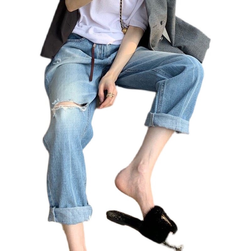 RIPPED JEANS WOMENS SPRING AND SUMMER LOOSE HIGH-WAISTED CROTCH COVER SKINNY PANTS PLUS SIZE FAT MM STRAIGHT WIDE-LEG DAD PANTS