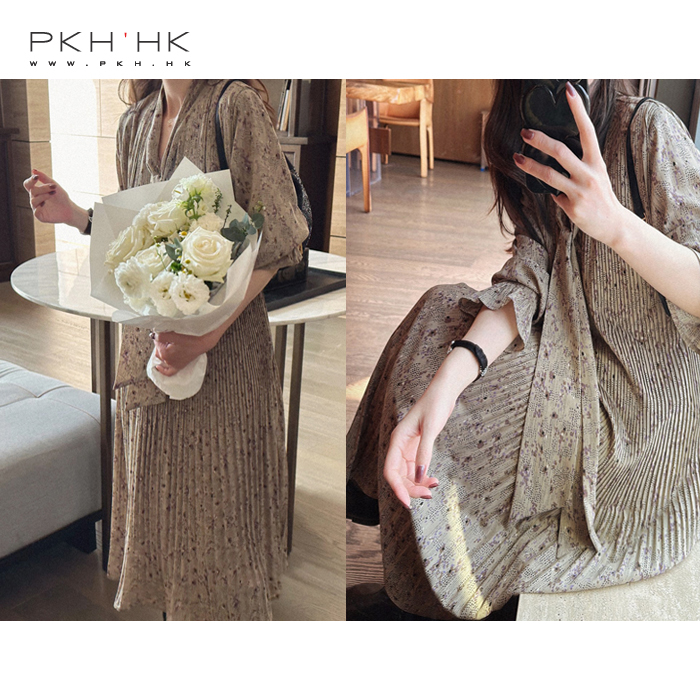 PKH.HK气质女装折扣店 立体手风琴压褶柔美飘带A字摆印花连衣裙
