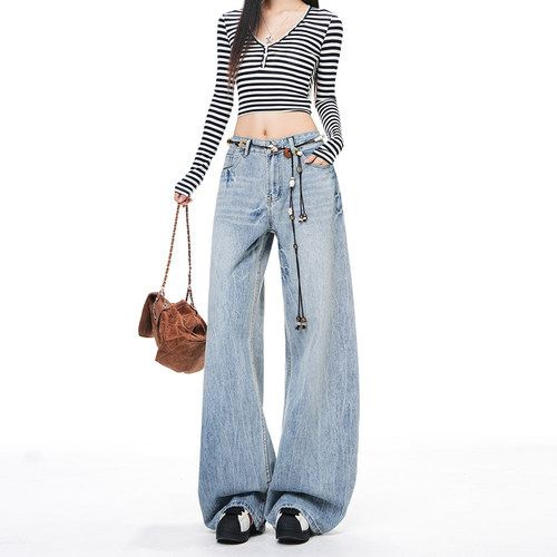 美式复古浅蓝高腰阔腿牛仔裤女