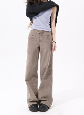 美式学院复古卡其色直筒低腰牛仔裤女秋冬设计感宽松显瘦阔腿长裤