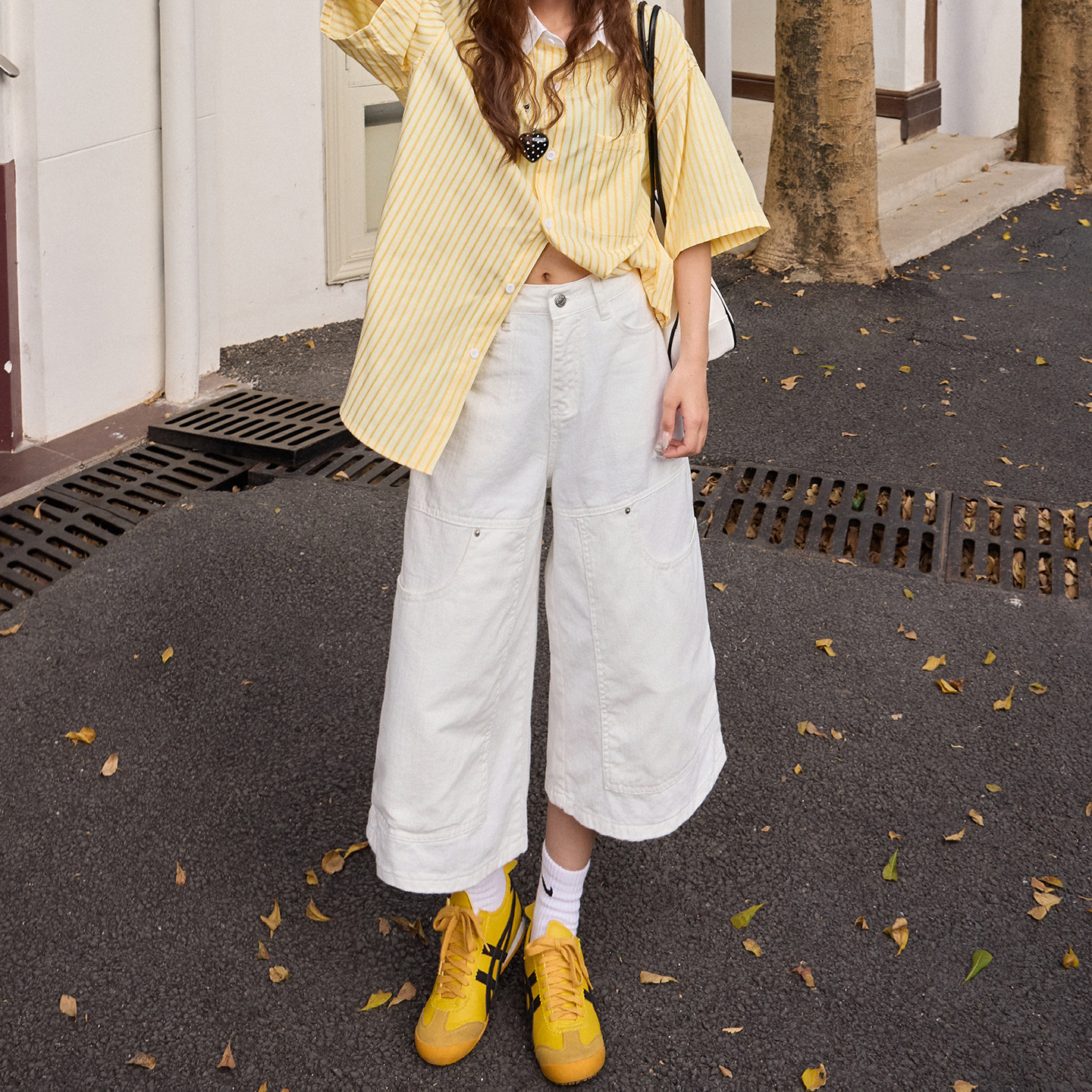 美式工装风白色高腰牛仔裤女春夏季新款宽松显瘦多口袋阔腿七分裤