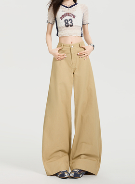 雅痞老钱风简约复古卡其色阔腿裤女通勤百搭宽松显瘦直筒休闲裤子