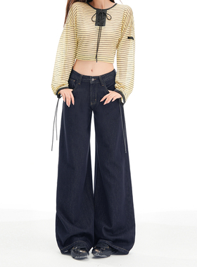 美式复古防褪色加绒保暖高腰显瘦宽松阔腿裤女百搭休闲拖地牛仔裤