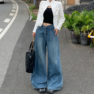 美式复古蓝高腰阔腿牛仔裤女2026春季新款宽松显瘦垂感休闲拖地裤