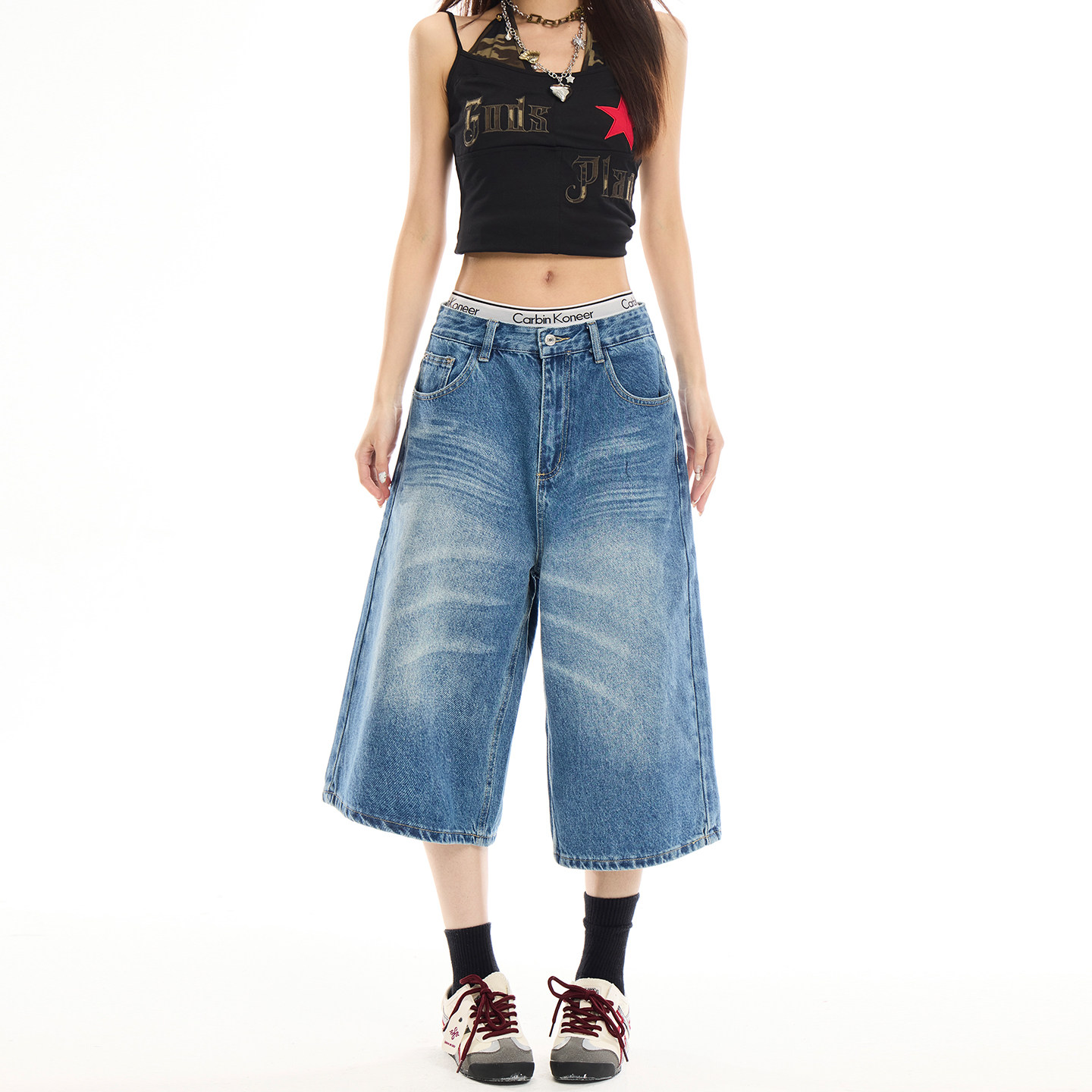 美式复古深蓝色牛仔七分裤女春夏季新款宽松显瘦百搭直筒阔腿中裤