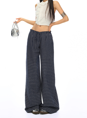 慵懒风格子阔腿裤女2026年春季新款系绳宽松显瘦百搭气质休闲裤女