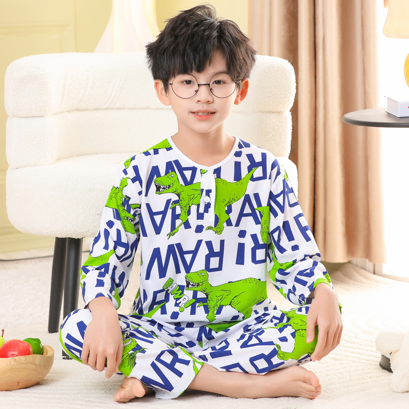 夏季儿童睡衣绵绸长袖长裤套装男孩女童小孩子薄款棉绸空调家居服