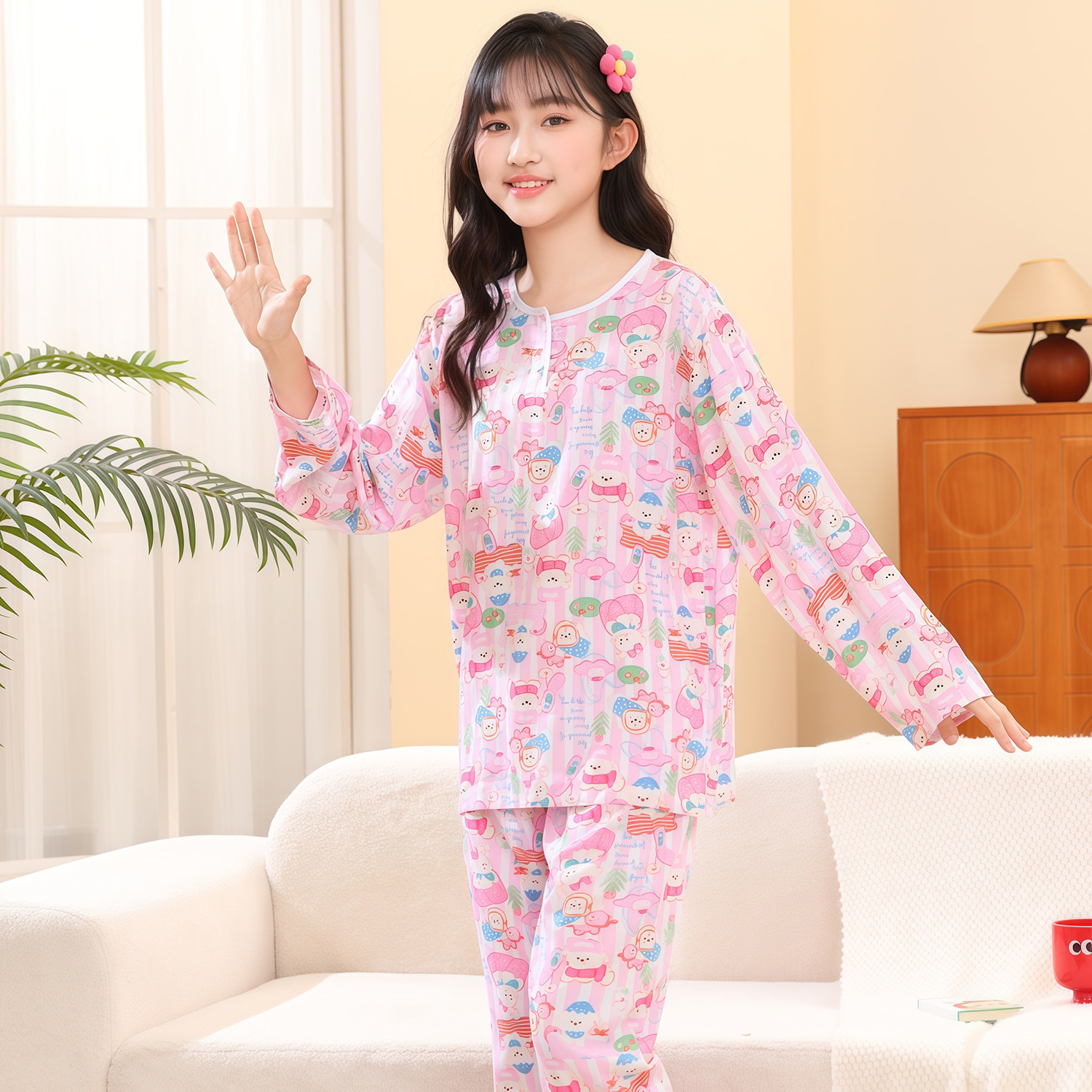 女童绵绸睡衣夏天棉绸薄款长袖长裤套装男女中大童夏季女孩家居服