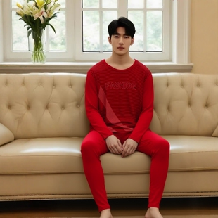 诗曼芬品牌高端男士保暖内衣莫代尔套装圆领大红色秋衣秋裤薄套装
