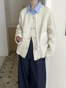 2025新款双面羊绒大衣女短款小个子圆领休闲羽绒拼接羊毛呢外套女