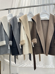 韩国东大门Ab面拼色双面羊毛大衣女短款秋冬连帽系带宽松斗篷外套