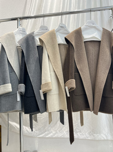 韩国东大门Ab面拼色双面羊毛大衣女短款秋冬连帽系带宽松斗篷外套