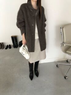 韩国高端羊绒拉毛桑蚕丝绵羊毛大衣女小个子立领中长款韩版外套女