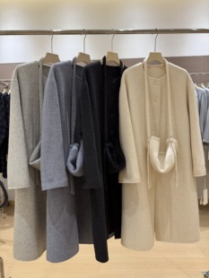 2025韩国新款双面羊绒大衣女中长款宽松圆领带帽子羊毛呢外套女