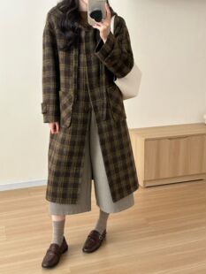 韩国新款韩版宽松双面羊毛大衣女中长款小个子格子帽子呢外套女