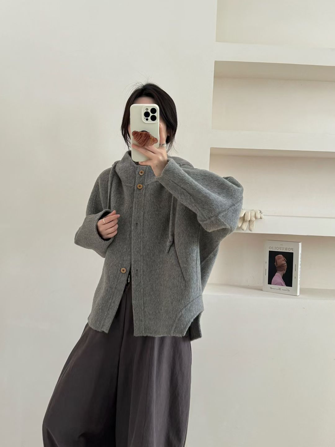 2025新款韩国连帽中长款双面羊绒大衣女高级感韩系文艺羊毛外套