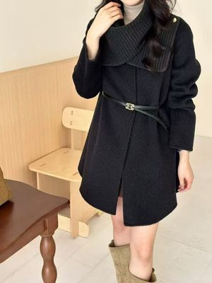 2025新款双面羊绒大衣女中长款小个子针织围巾斗篷气质羊毛外套女