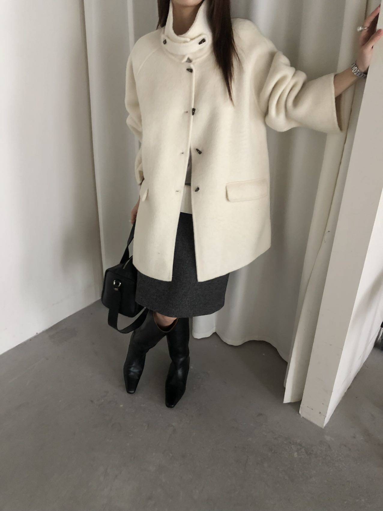 韩系立领双面羊绒大衣女中长款秋冬宽松百搭减龄牛角扣羊毛外套女