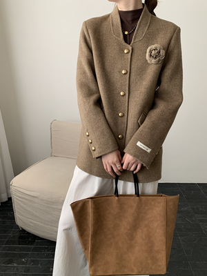 中古山茶双面羊绒大衣短款小个子气质可拆卸胸花羊毛外套女冬高端