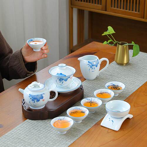 纯手绘釉下彩青白瓷功夫茶具套装