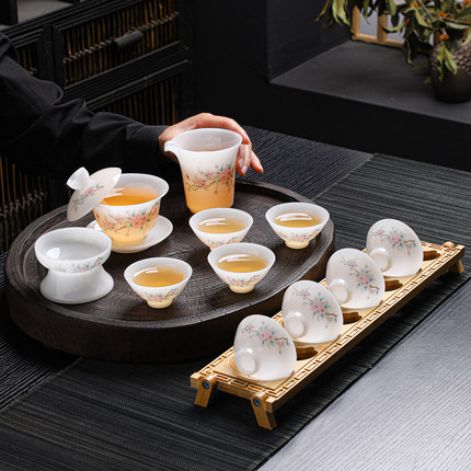 德化白瓷功夫茶具套装家用高端冰种璞玉泡茶盖碗小茶杯一套带杯架