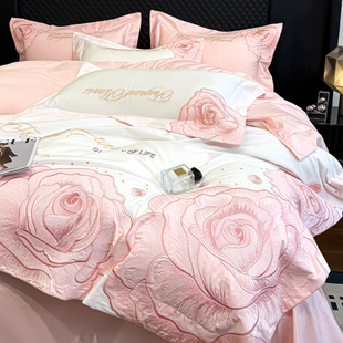 新中式牡丹刺绣100全棉四件套结婚陪嫁被套纯棉床单床笠轻奢床品4
