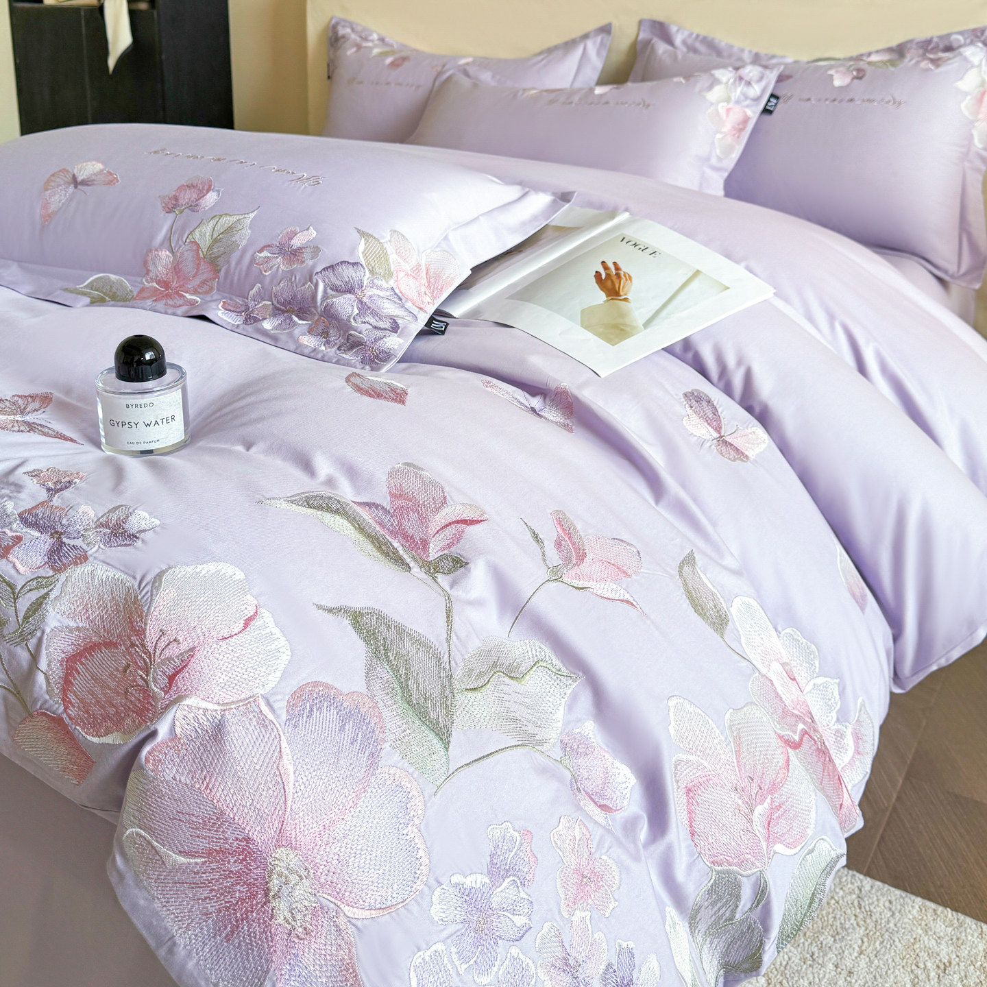 轻奢高级感紫色花卉刺绣全棉四件套纯棉奢华被套双人床单床笠床品,床上用品,床品套件/四件套/多件套,淘宝优惠券,粉丝福利购,淘宝优惠卷