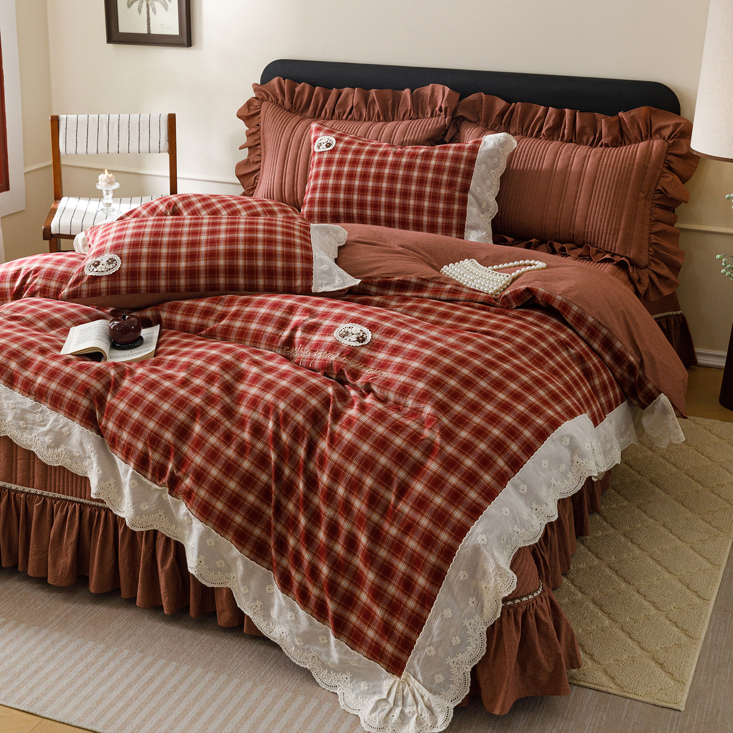 甜美复古酒红格子100全棉四件套纯棉水洗棉被套高端床盖床上用品4,床上用品,床品套件/四件套/多件套,淘宝优惠券,粉丝福利购,淘宝优惠卷