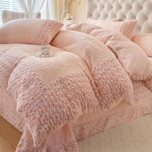 玫瑰雕花兔毛牛奶绒冬季四件套纯色轻奢被套珊瑚毛绒床单高端床品