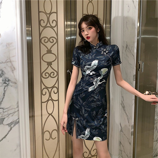 大码女装夏季新款中国风盘扣仙鹤旗袍收腰连衣裙女胖mm减龄复古裙