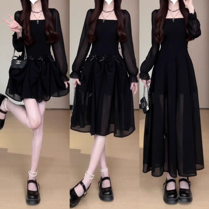 大码胖mm法式设计感方领黑色蝴蝶结吊带连衣裙女春夏显瘦中长裙字